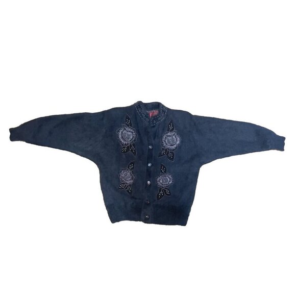 VINTAGE Incredible Angora Fluffy Embellished Floral Beaded Grandma Cardigan S-M - Picture 7 of 7